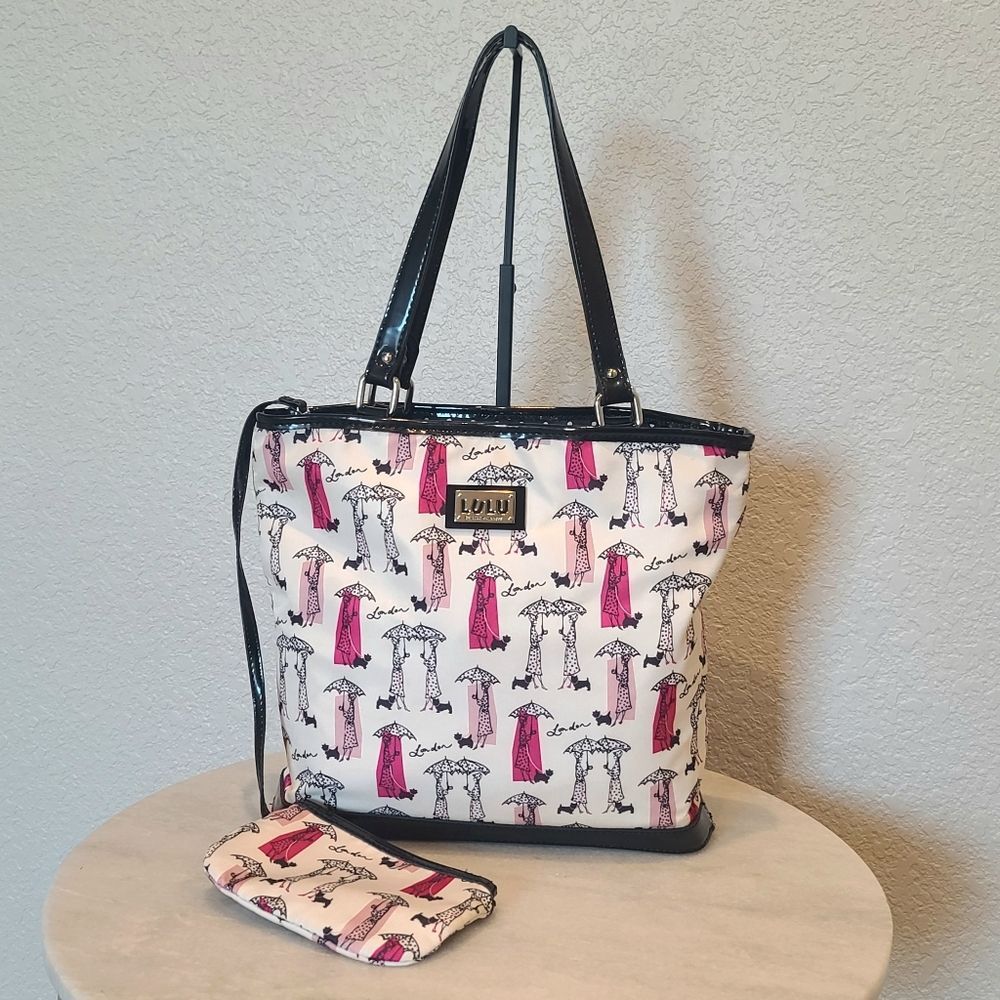 Lulu Guinness London Tote White Pink Black Dog Walkers Scotties + Coin Purse